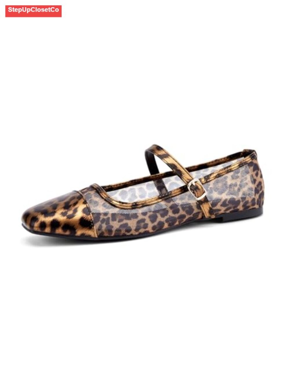 Women's Mesh Square Toe Buckle Flats Slip-On Adjustable Strap Shoes